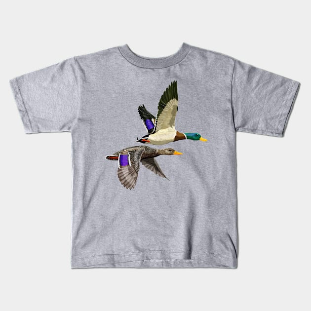 Mallard ducks in flight Kids T-Shirt by rlnielsen4